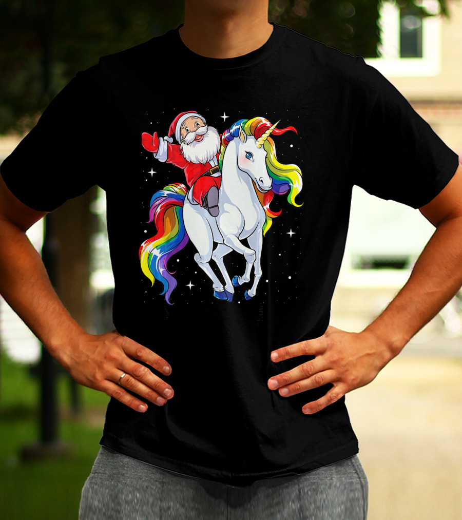 Santa Riding Magical Rainbow Unicorn T-Shirt