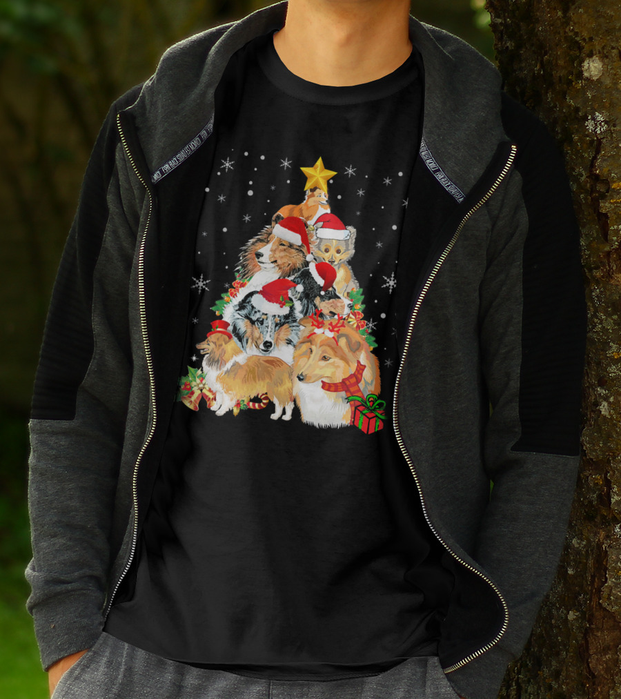 Sheltie Dogs In Santa Hats Forming Christmas Tree With Stars And Gifts T-Shirt