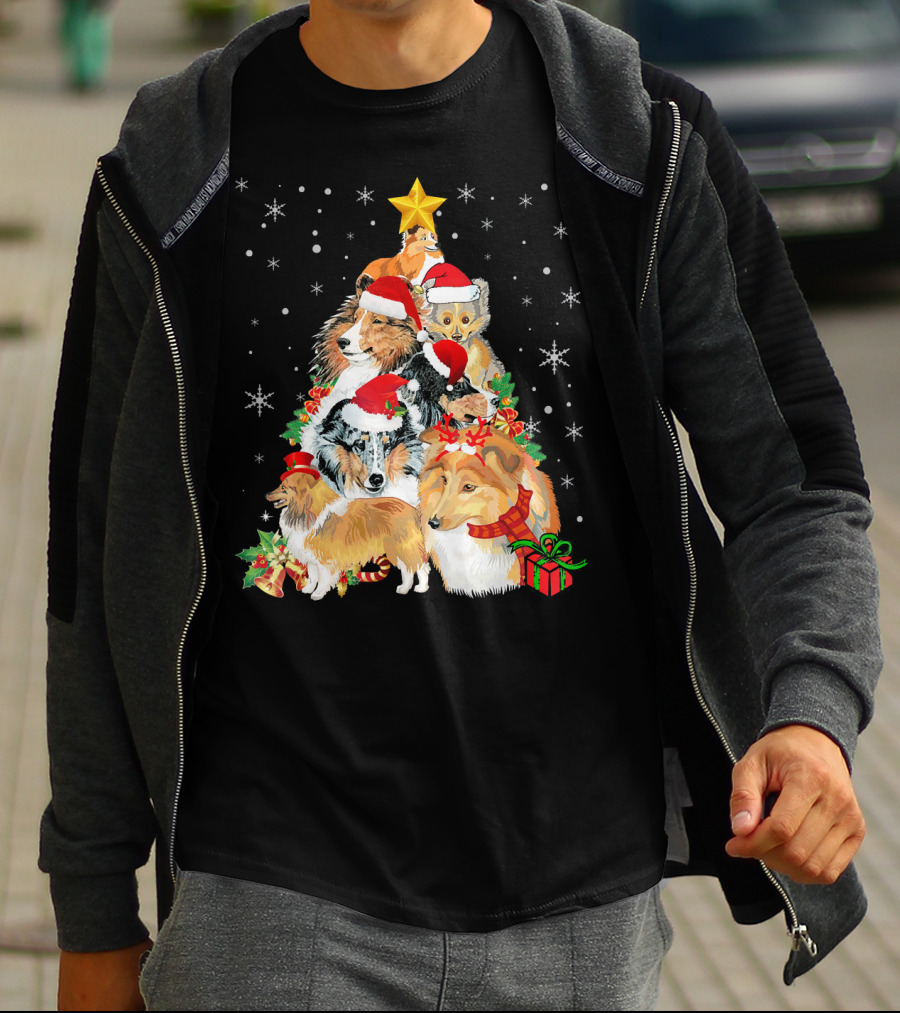 Sheltie Dogs In Santa Hats Forming Christmas Tree With Stars And Gifts T-Shirt