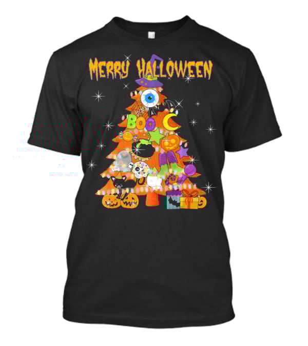 Merry Halloween Tree With Cute Boo Decorations And Spooky Elements T-Shirt