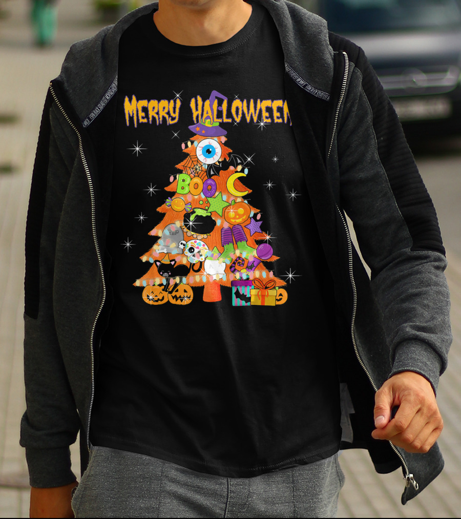 Merry Halloween Tree With Cute Boo Decorations And Spooky Elements T-Shirt