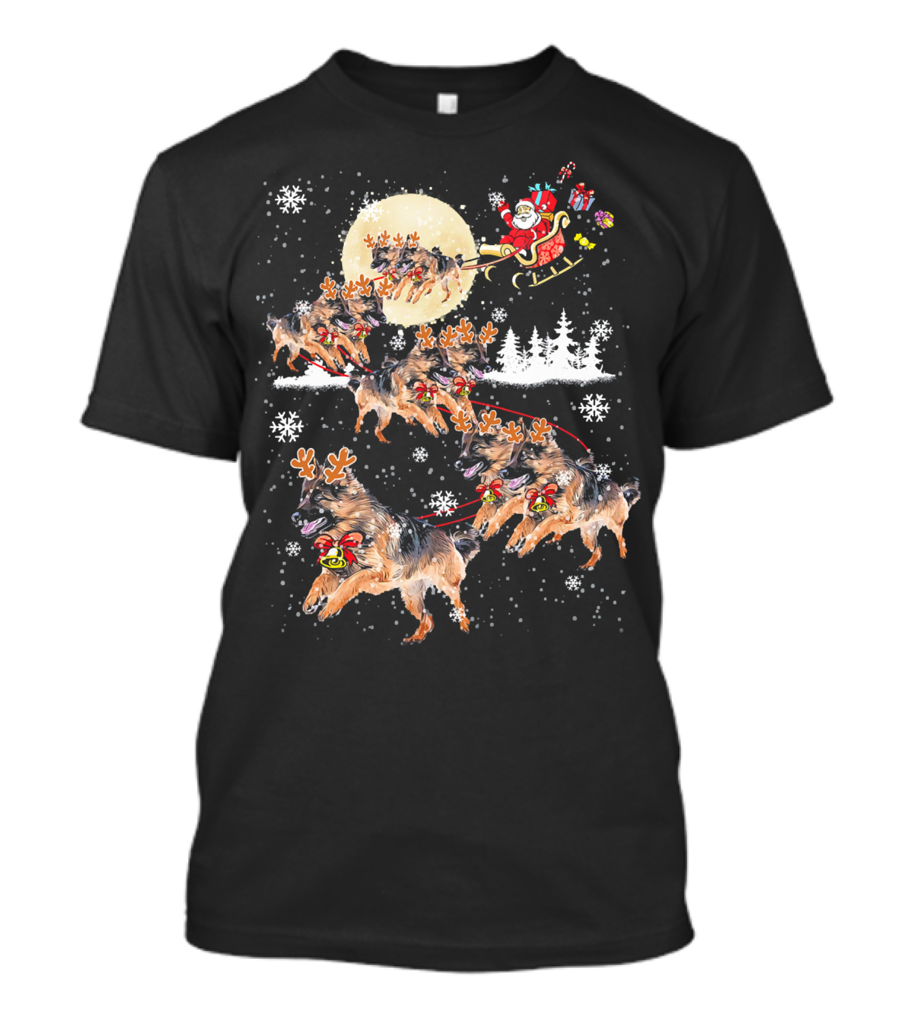 German Shepherd Dog Merry Santa Sleigh Christmas Snowflakes T-Shirt