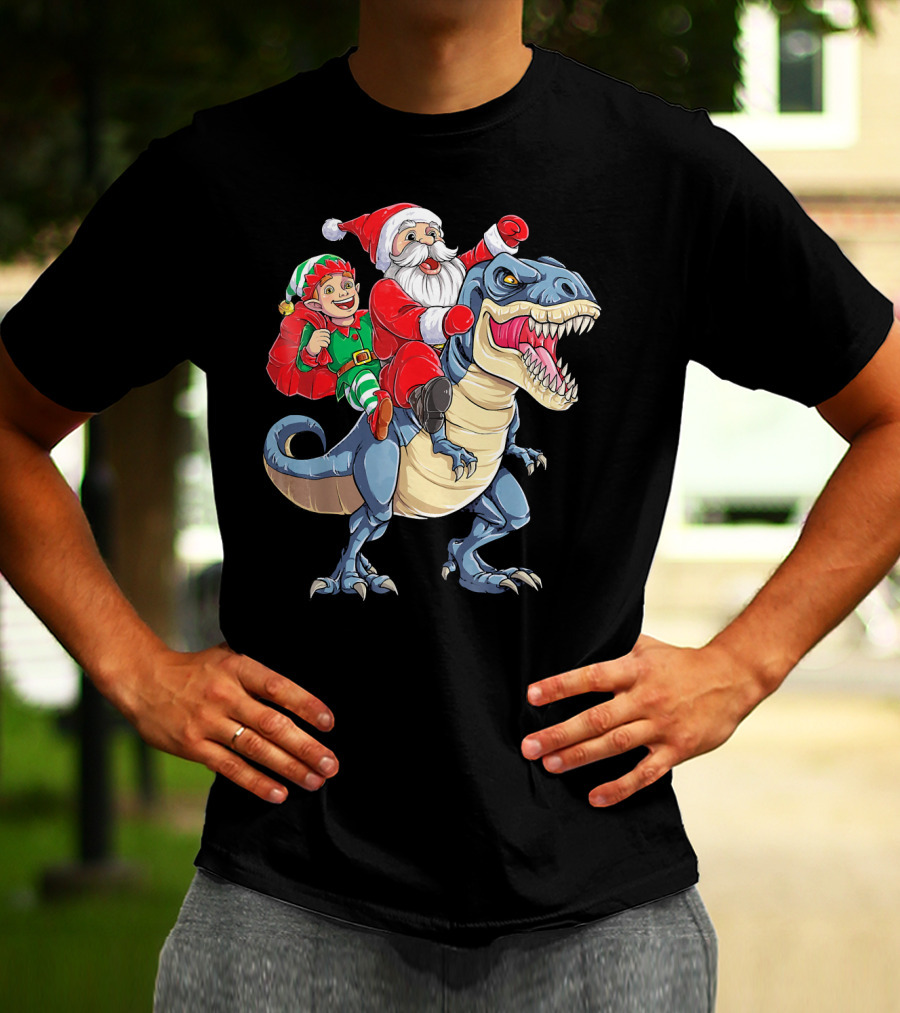 Santa Elf Riding Dinosaur Christmas Boys T-Shirt