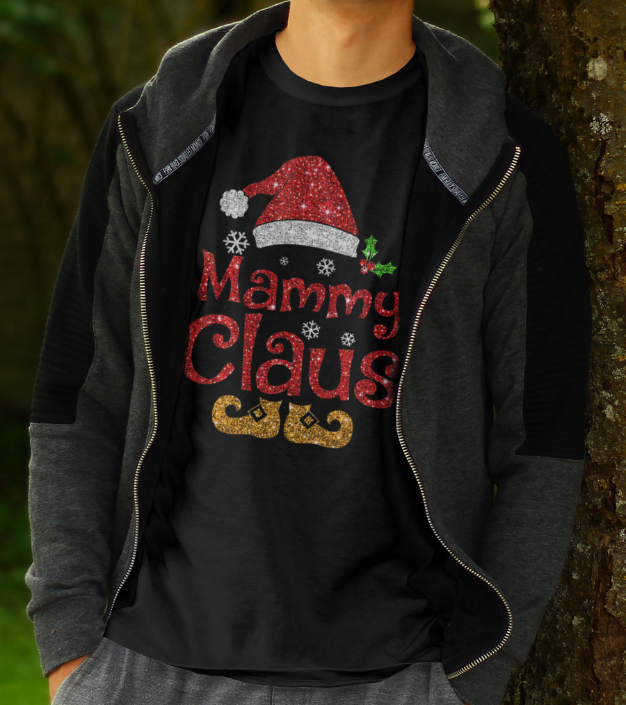 Mammy Claus Funny Santa Hat Snowflakes Holly Glitter Red Gold T-Shirt
