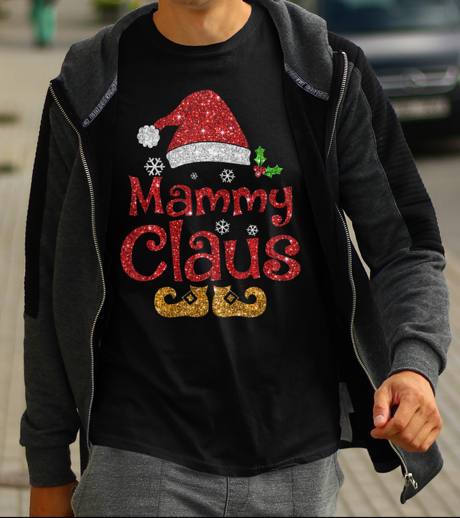 Mammy Claus Funny Santa Hat Snowflakes Holly Glitter Red Gold T-Shirt