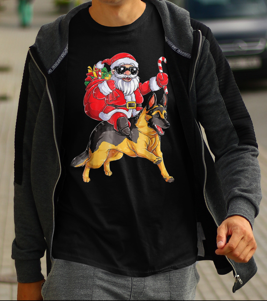 Santa Claus Riding German Shepherd With Candy Cane And Gifts T-Shirt
