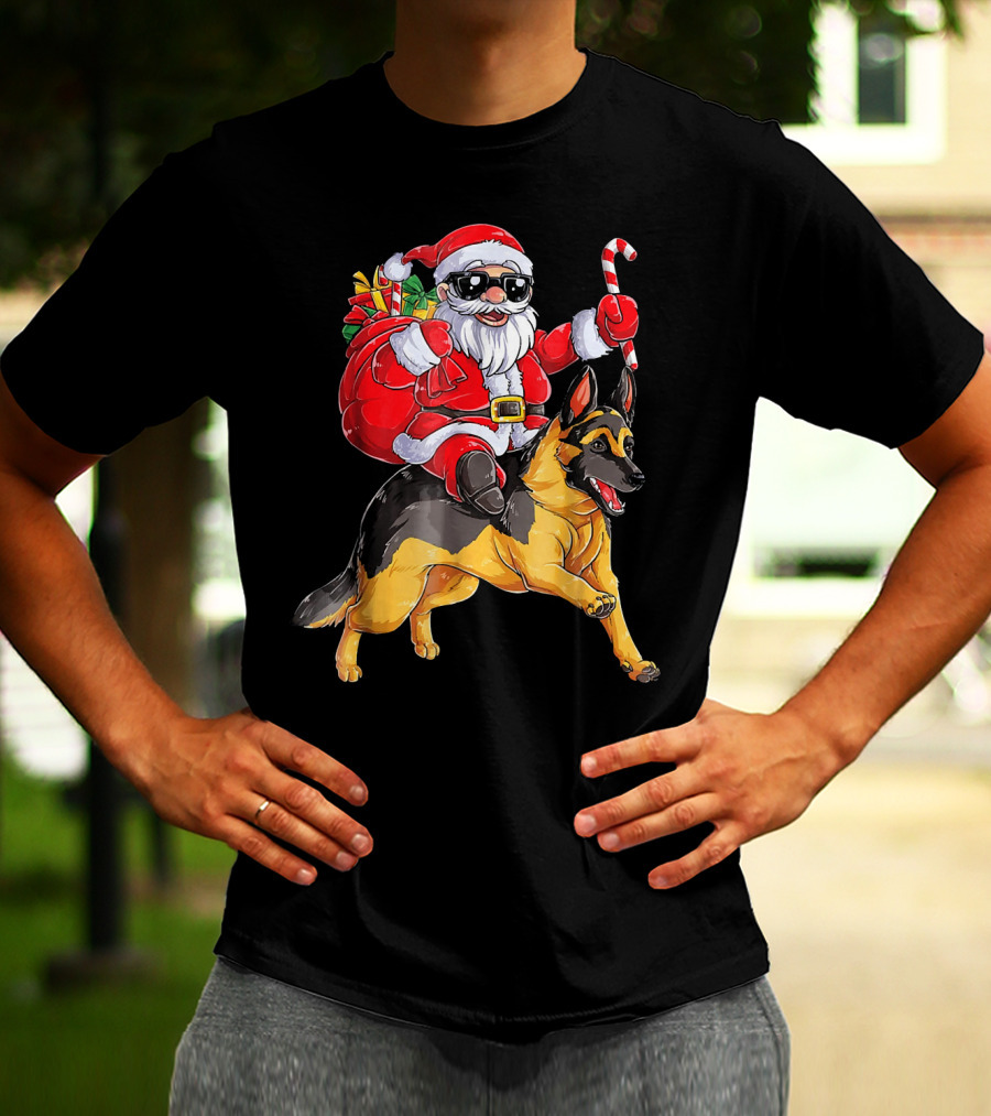 Santa Claus Riding German Shepherd With Candy Cane And Gifts T-Shirt