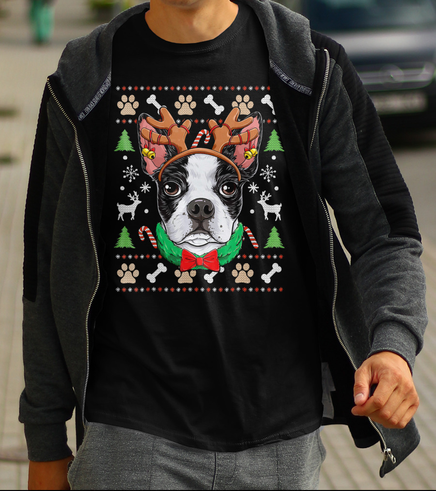 Boston Terrier Christmas Reindeer Antlers Candy Canes Snowflakes Paw Prints T-Shirt