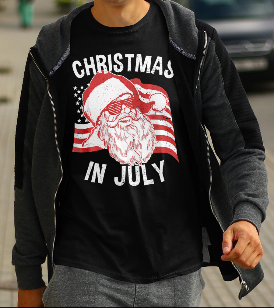 Christmas In July Retro Hipster Santa With American Flag And Shades T-Shirt