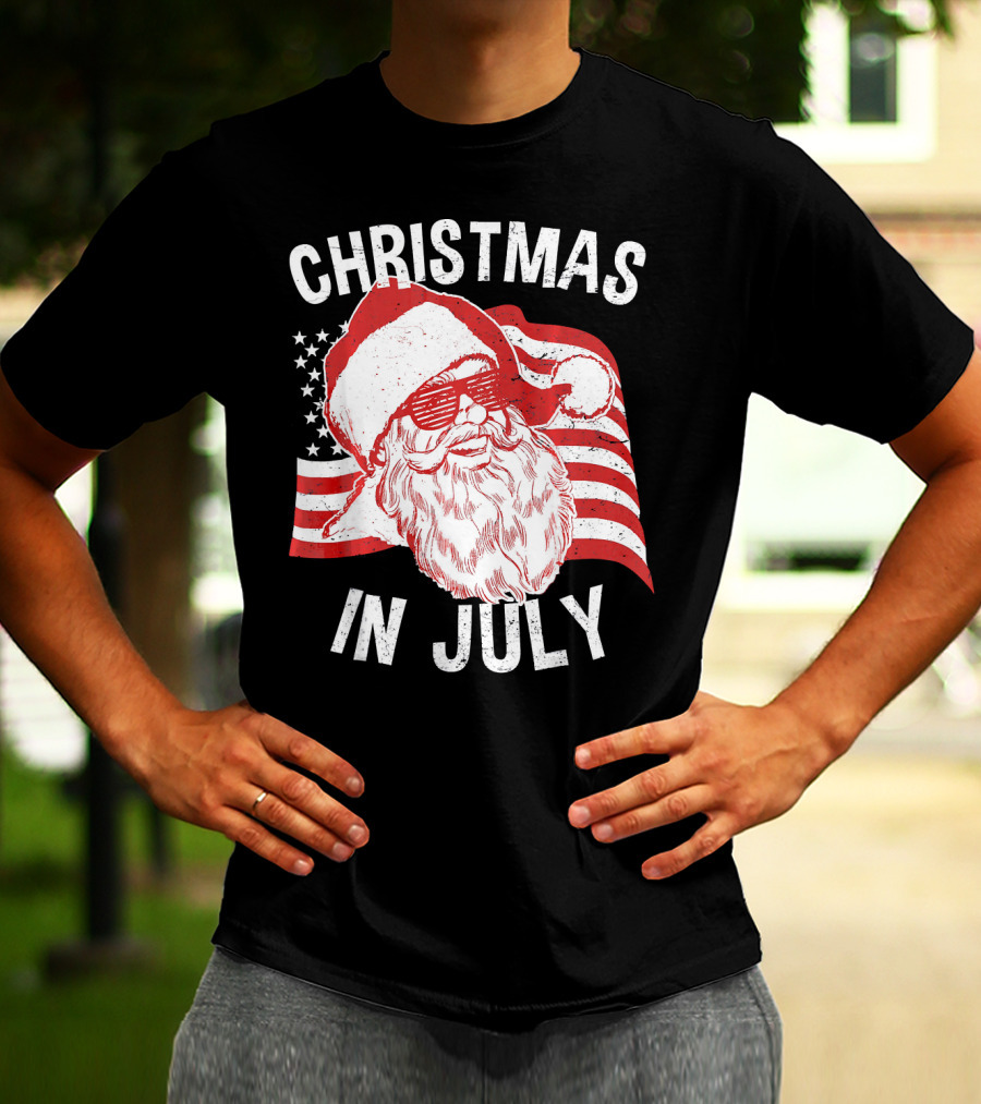 Christmas In July Retro Hipster Santa With American Flag And Shades T-Shirt
