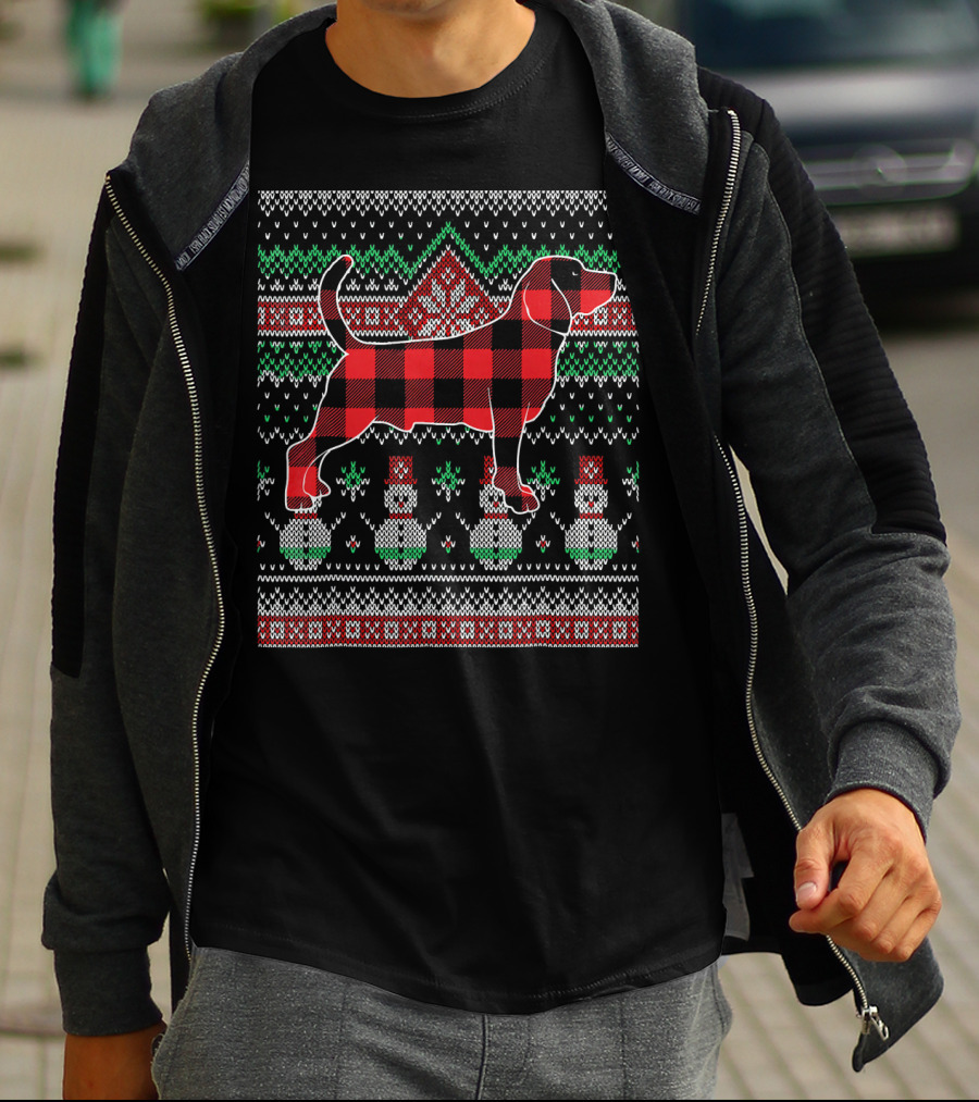 Beagle Red Plaid Christmas Dog Sweater Snowman T-Shirt