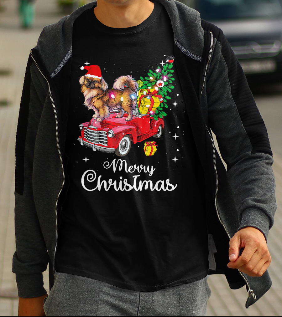 Merry Christmas Pekingese Rides Red Truck With Santa Hat And Holiday Gifts T-Shirt