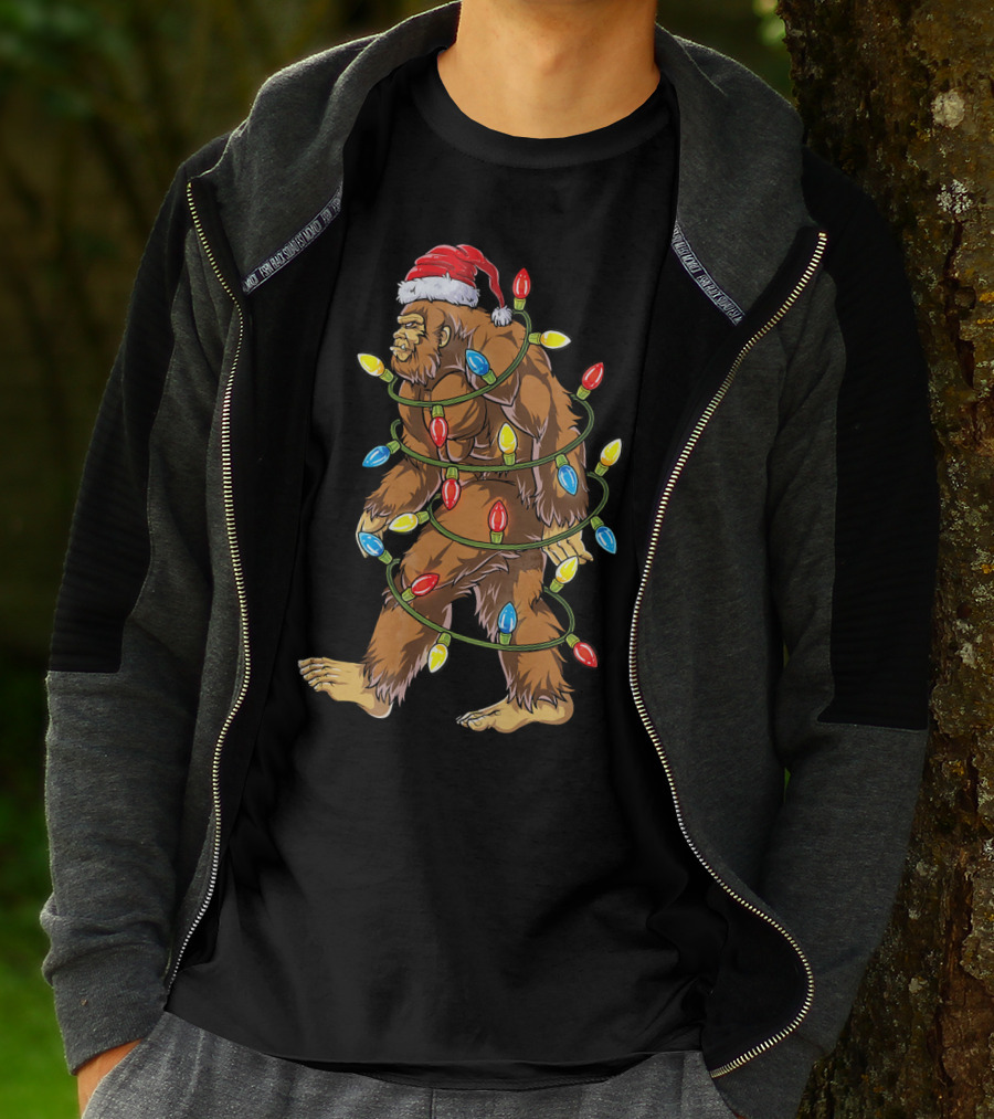 Bigfoot Santa Wrapped In Christmas Lights T-Shirt