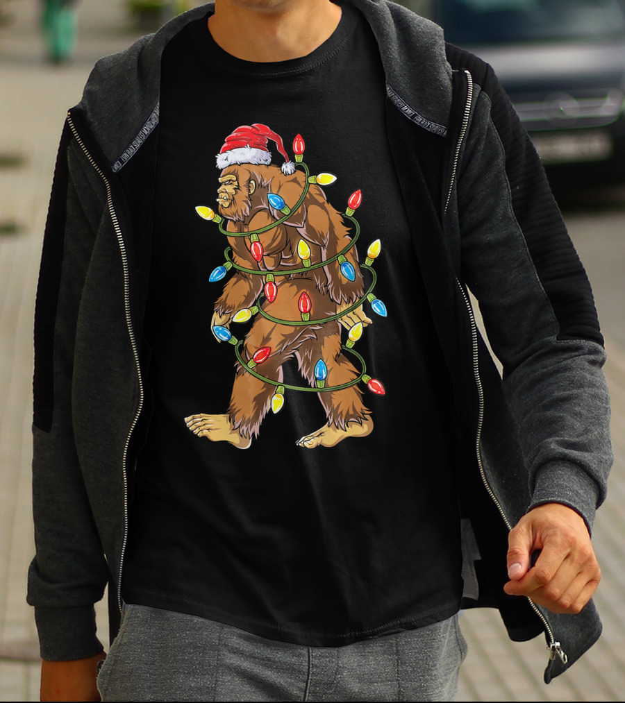 Bigfoot Santa Wrapped In Christmas Lights T-Shirt