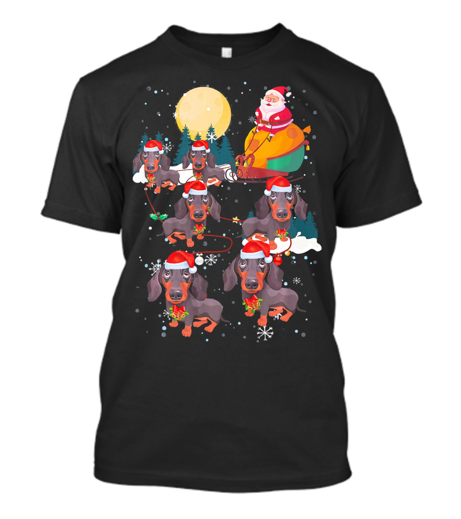 Santa Riding Sleigh With Dachshund Reindeer Under Full Moon T-Shirt