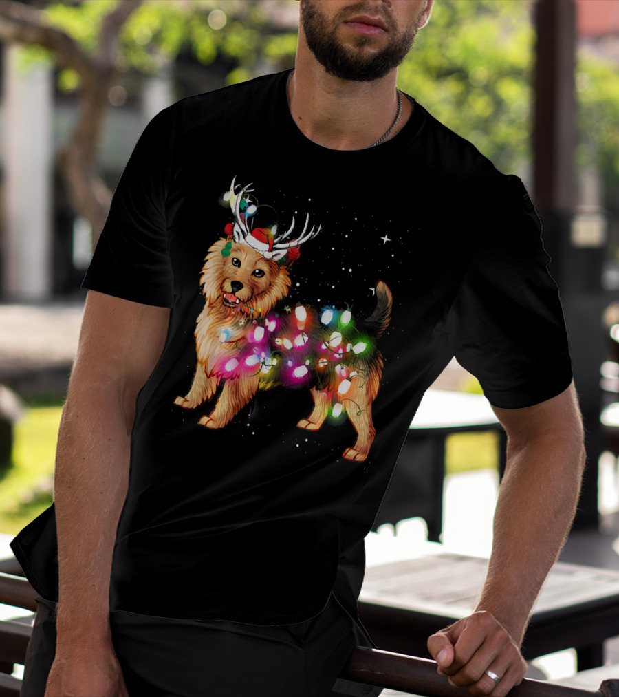 Australian Terrier With Christmas Lights And Reindeer Antlers T-Shirt