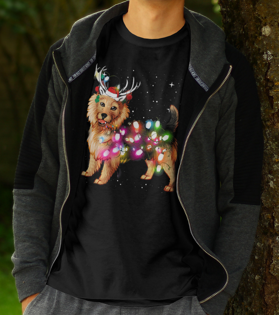 Australian Terrier With Christmas Lights And Reindeer Antlers T-Shirt