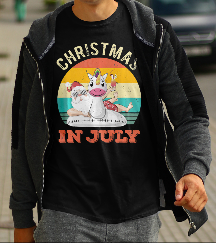Christmas In July Vintage Santa With Inflatable Unicorn And Drink T-Shirt