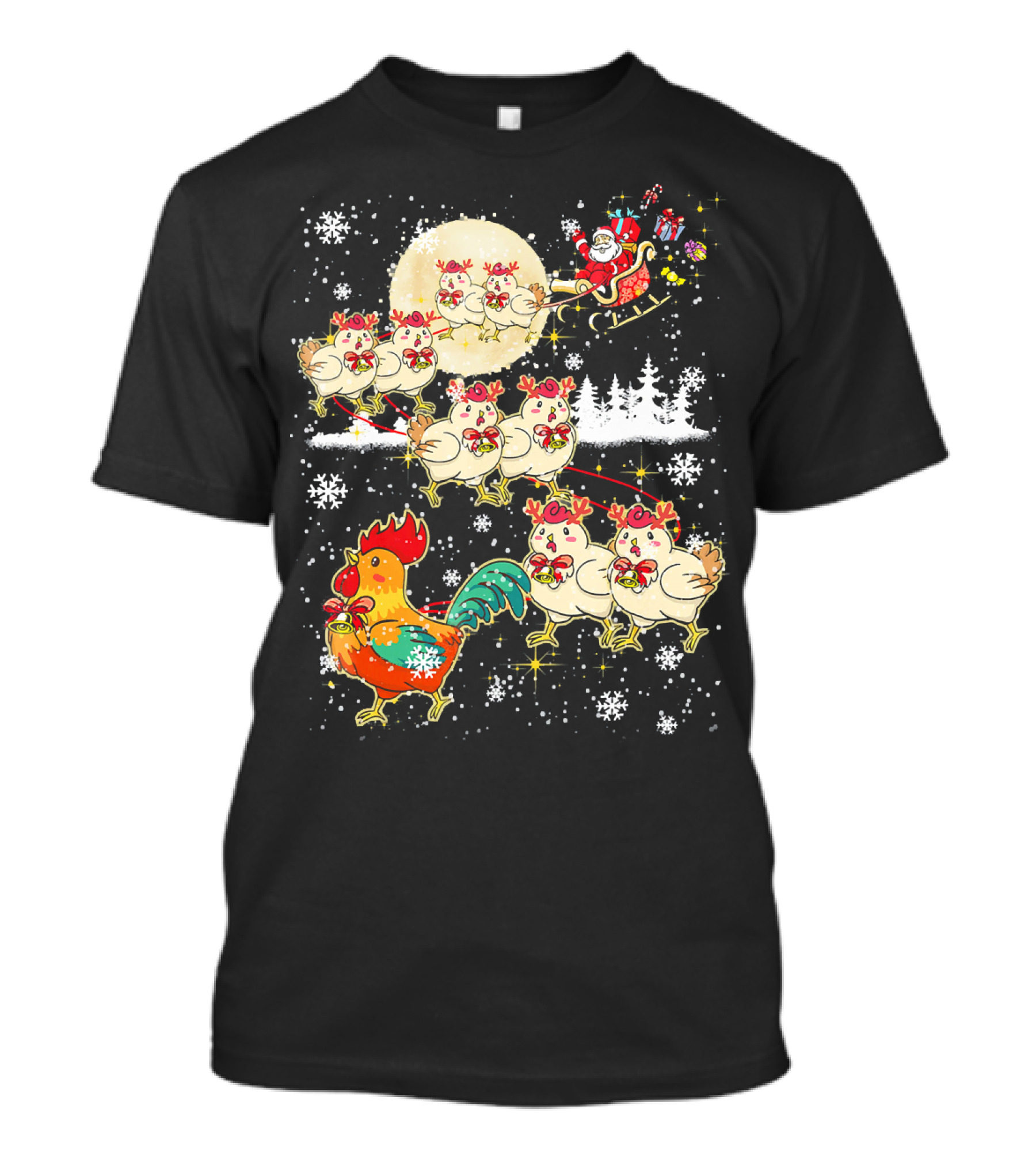 Chicken Reindeer Christmas Santa Sleigh With Snowflakes And Nice Chicken T-Shirt