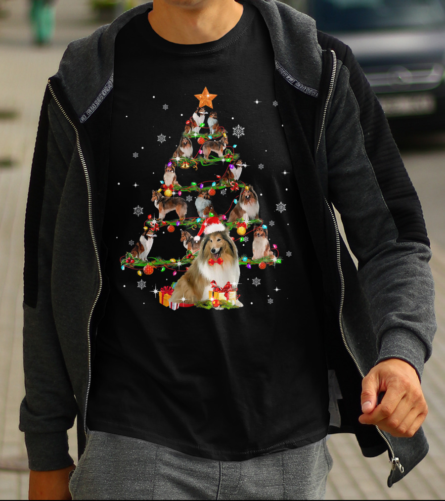 Rough Collie Christmas Tree With Santa Hat And Gifts T-Shirt