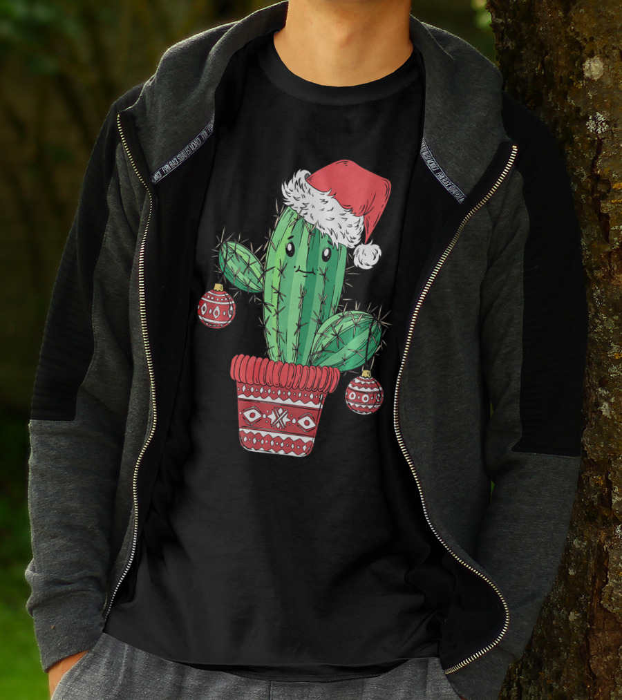 Cactus Christmas Tree Santa Hat Festive Ornaments T-Shirt
