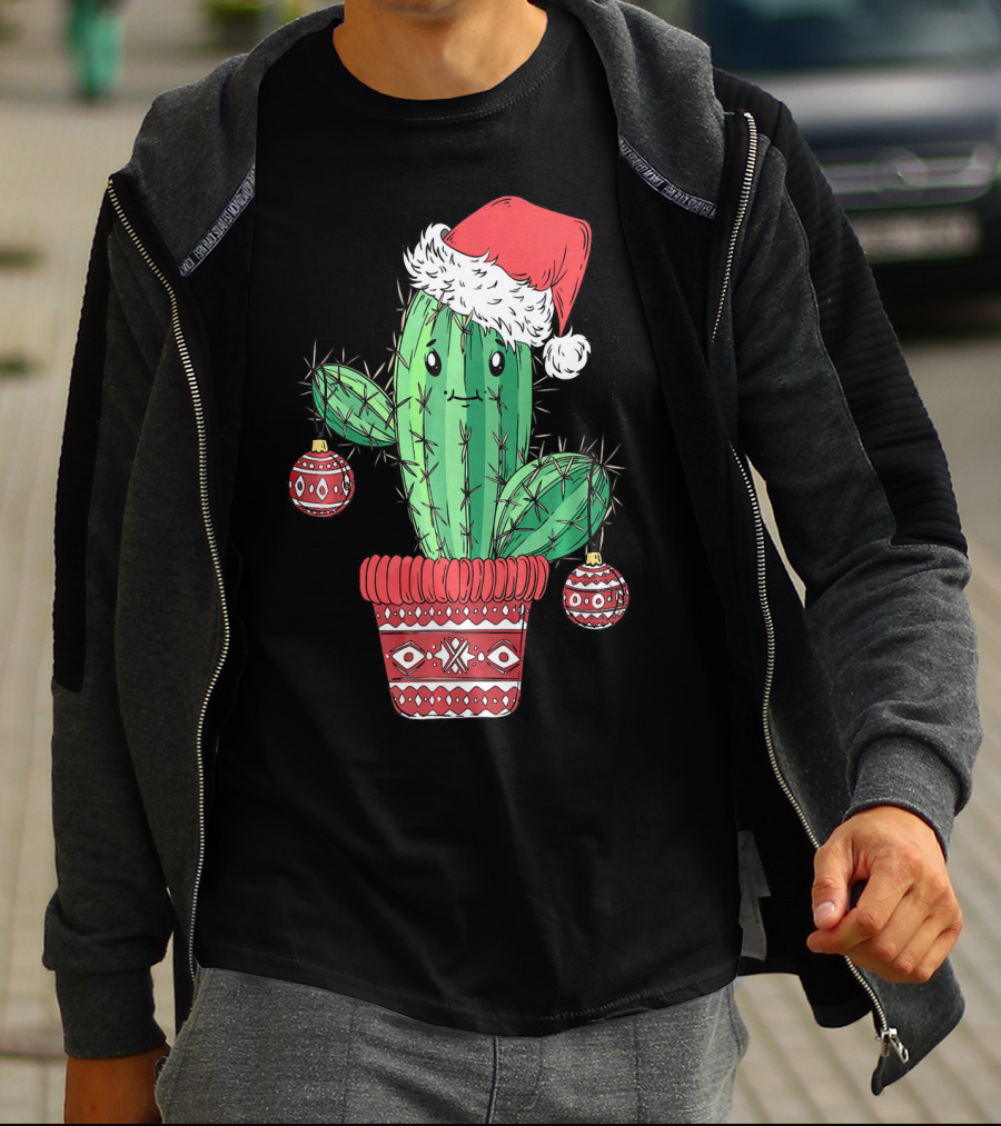 Cactus Christmas Tree Santa Hat Festive Ornaments T-Shirt
