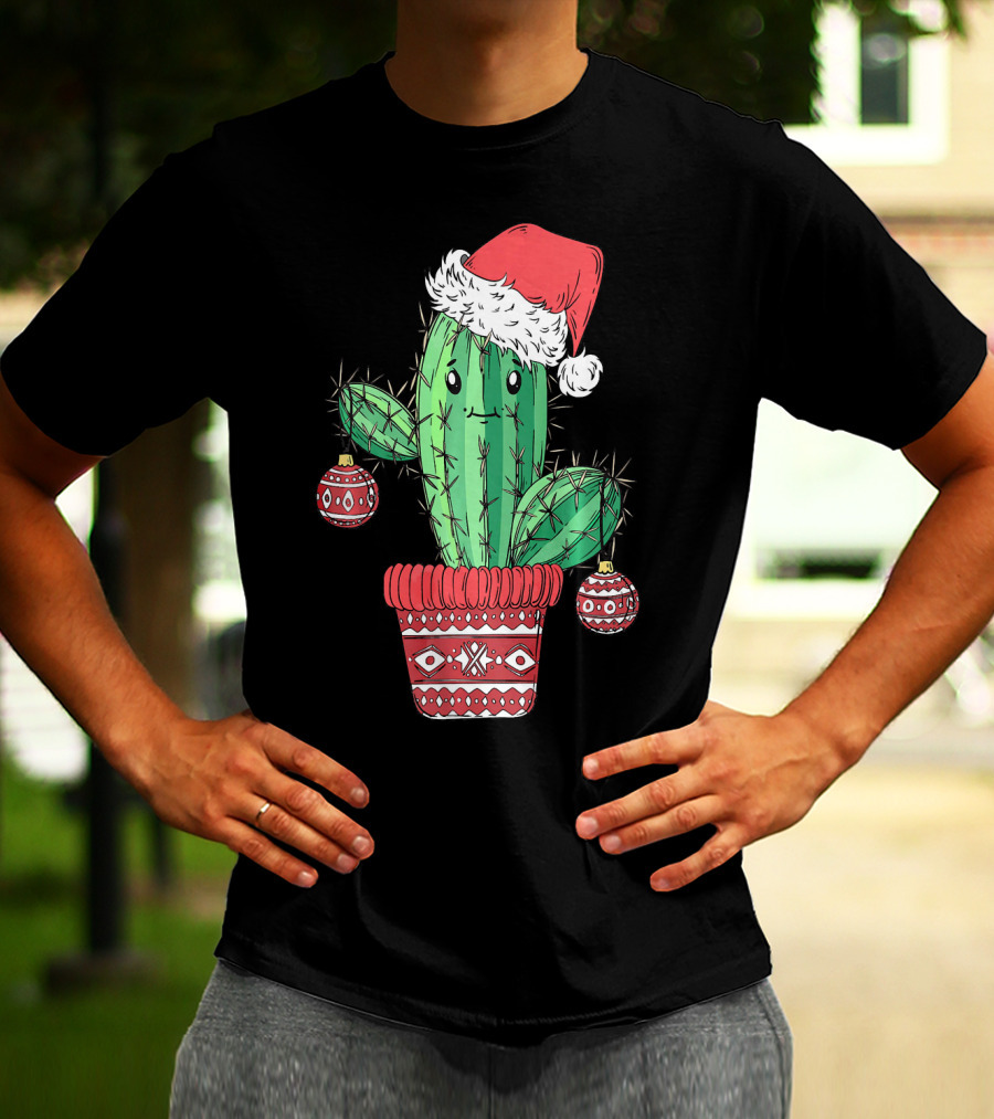 Cactus Christmas Tree Santa Hat Festive Ornaments T-Shirt