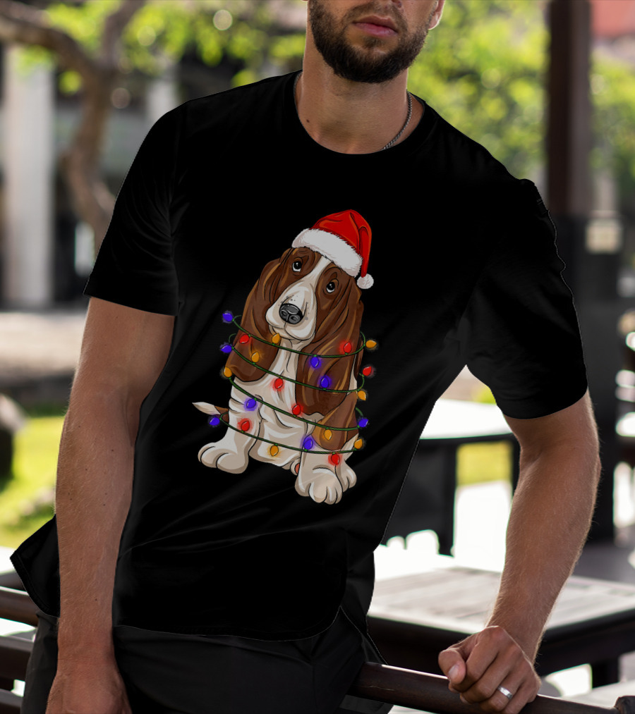 Basset Hound Santa Hat Wrapped In Christmas Lights T-Shirt