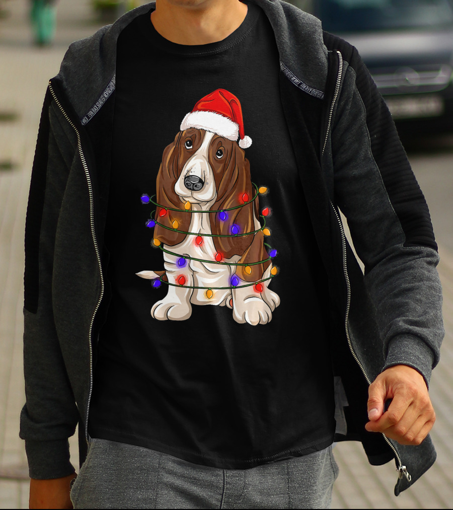 Basset Hound Santa Hat Wrapped In Christmas Lights T-Shirt