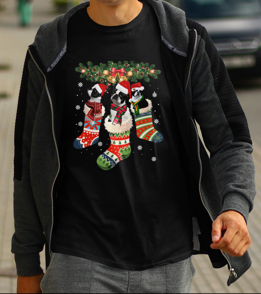 Three Boston Terrier In Christmas Stockings With Santa Hats And Festive Scarves T-Shirt