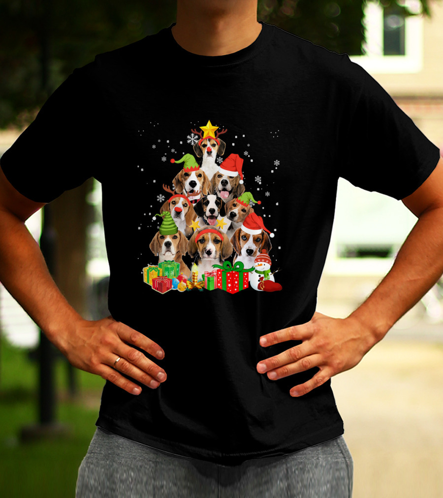 Funny Beagle Christmas Tree Santa Hats Presents Snowman T-Shirt