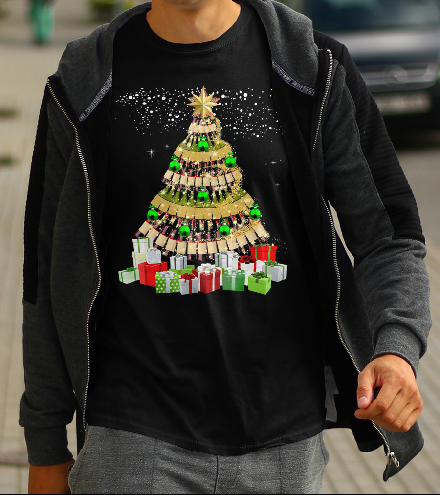 Wine Bottles Christmas Tree With Gifts Snowflakes And Ornaments T-Shirt
