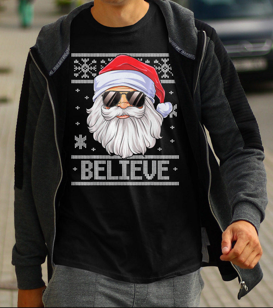 Santa Believe Christmas Sweater Design With Sunglasses And Snowflakes T-Shirt