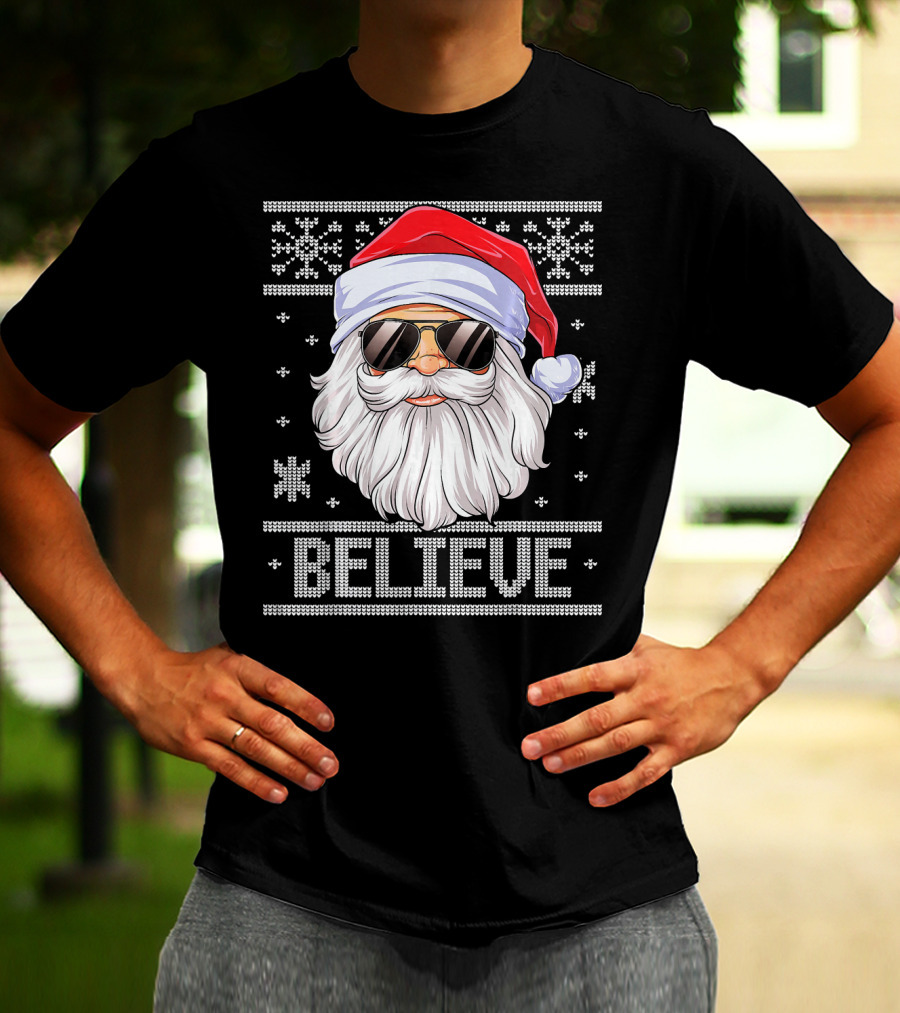 Santa Believe Christmas Sweater Design With Sunglasses And Snowflakes T-Shirt