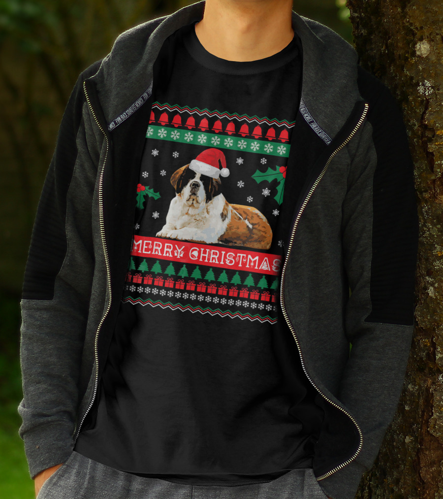 Merry Christmas St Bernard Dog Ugly Sweater Holiday T-Shirt