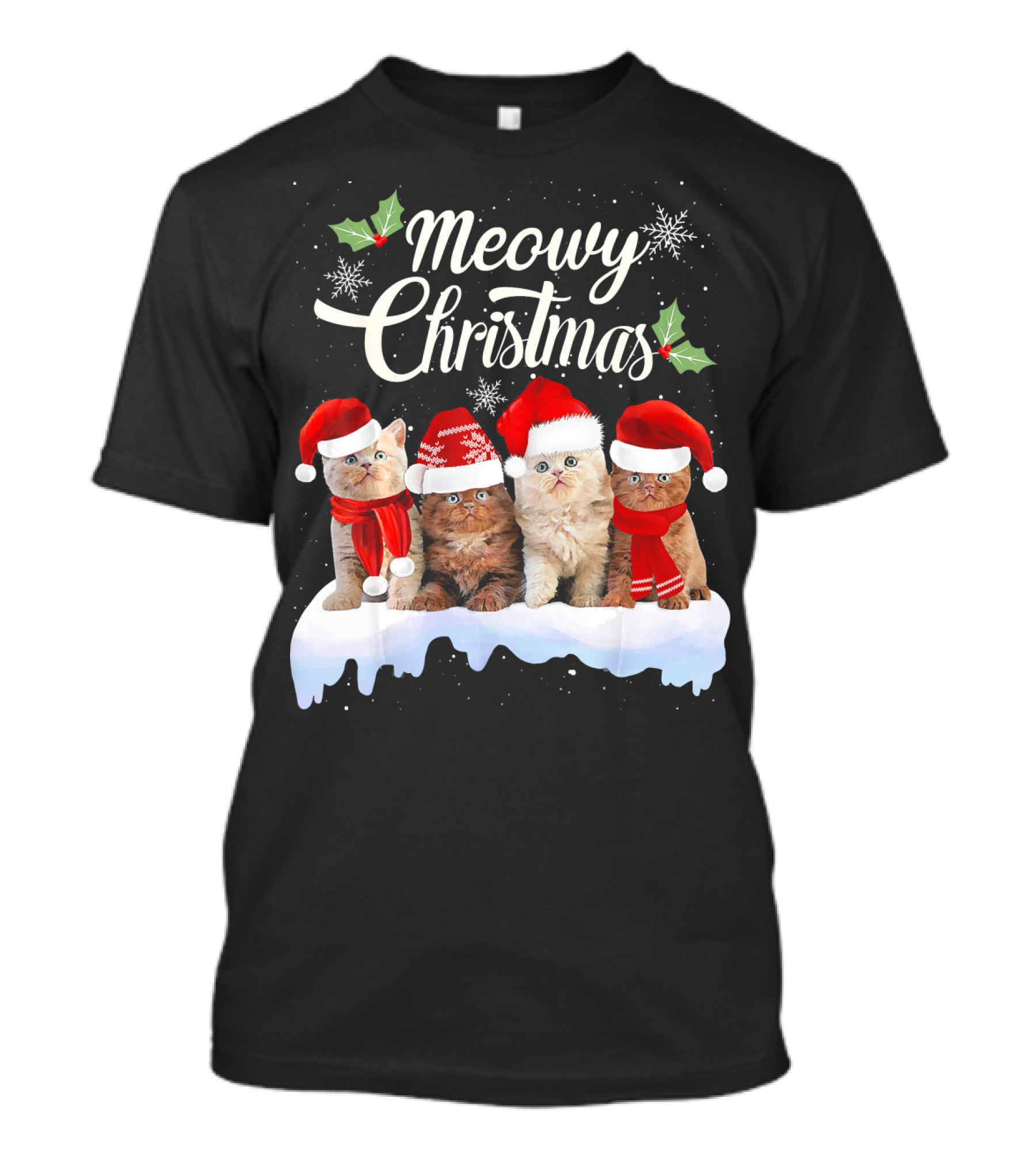 Meowy Christmas Kitten Cat Kitty Snowflake Santa Hat Holly T-Shirt