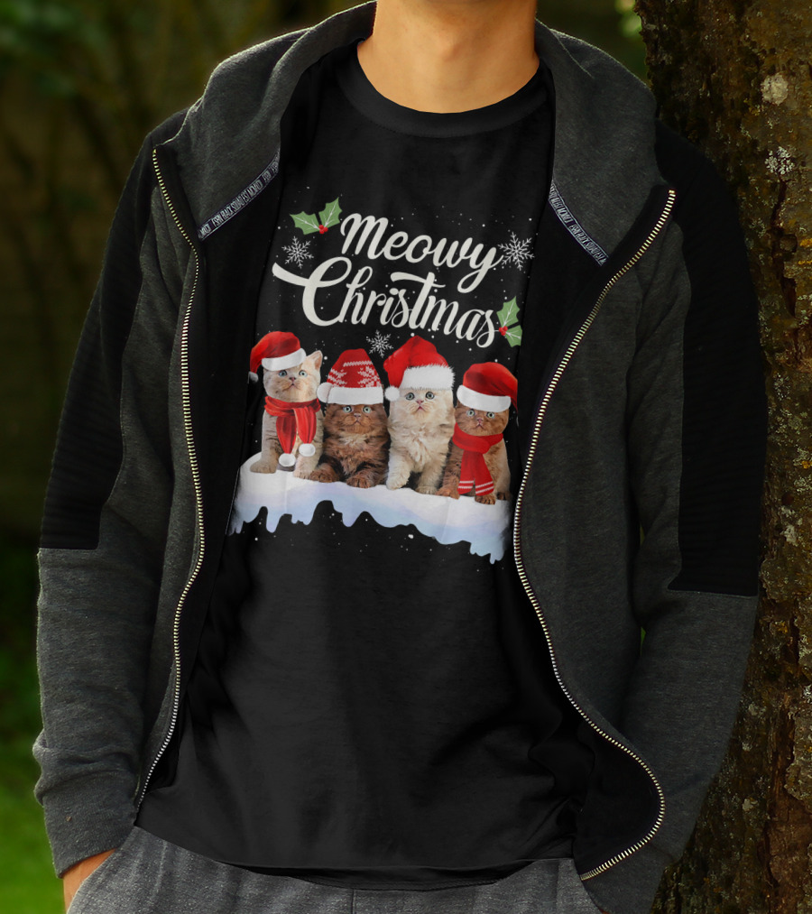 Meowy Christmas Kitten Cat Kitty Snowflake Santa Hat Holly T-Shirt