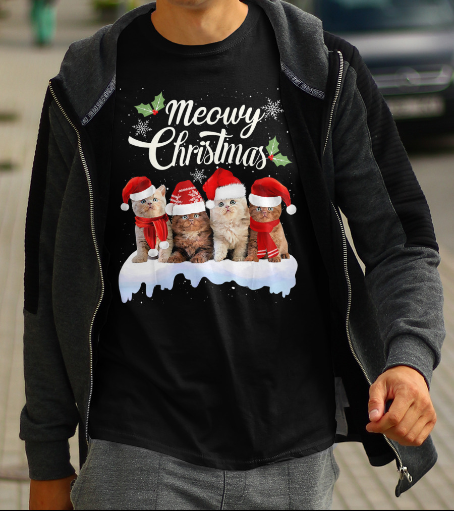 Meowy Christmas Kitten Cat Kitty Snowflake Santa Hat Holly T-Shirt