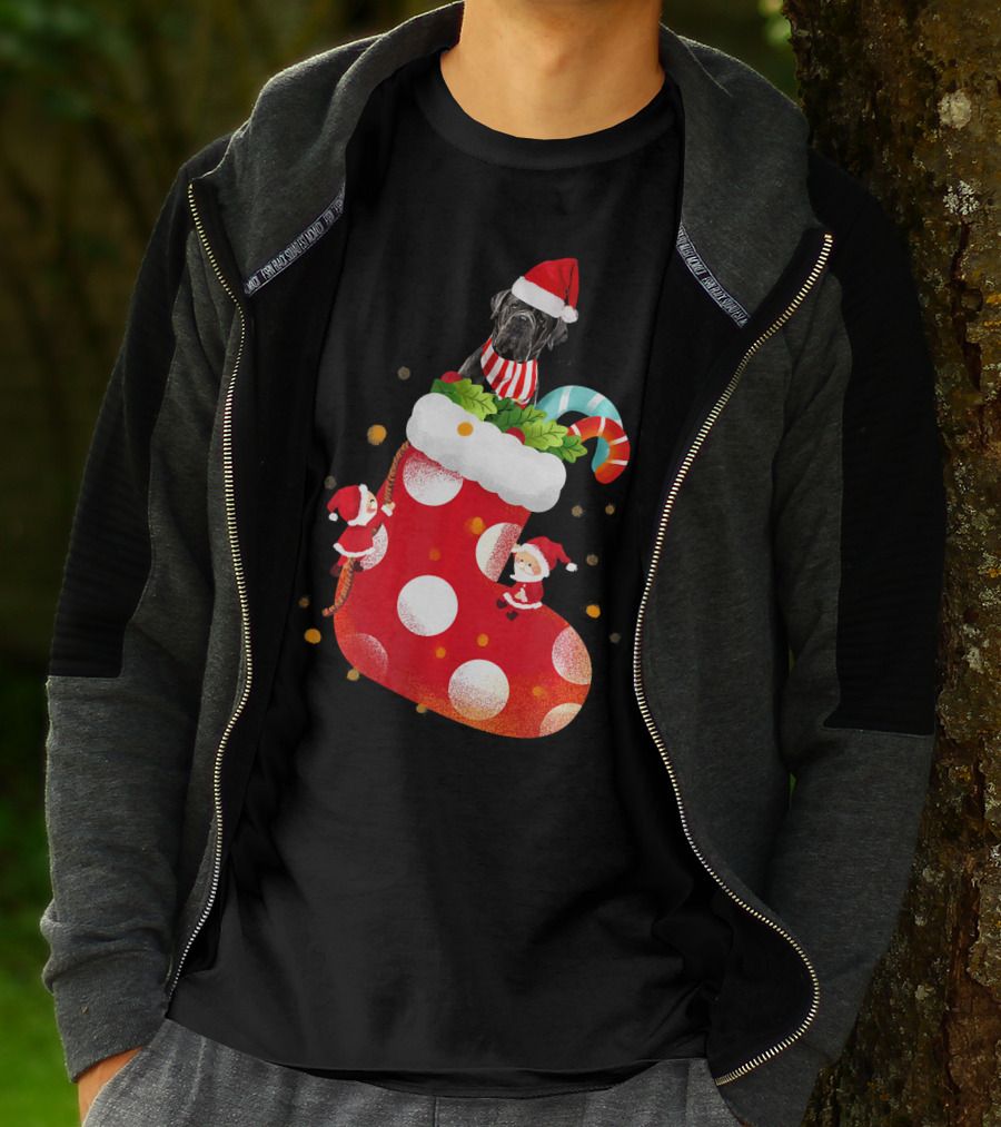 Christmas Cane Corso Dog In Santa Hat With Candy Cane And Stocking T-Shirt