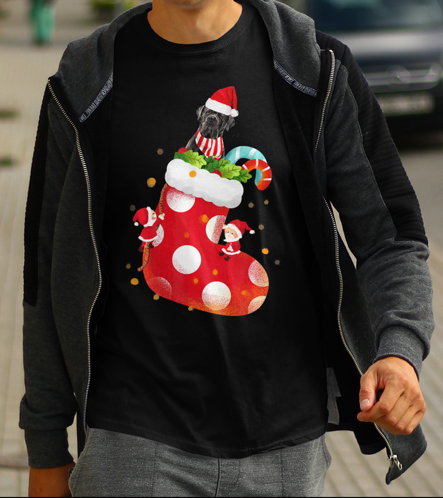 Christmas Cane Corso Dog In Santa Hat With Candy Cane And Stocking T-Shirt