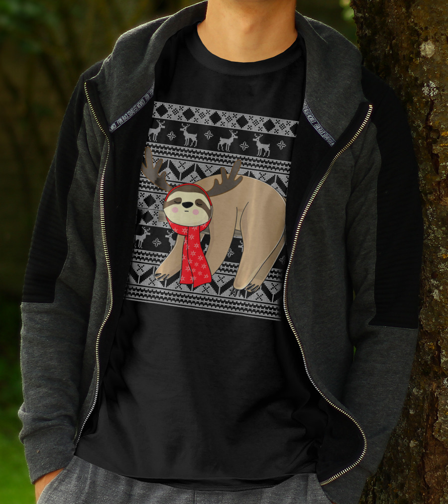 Ugly Christmas Sloth Reindeer Red Scarf Chris T-Shirt