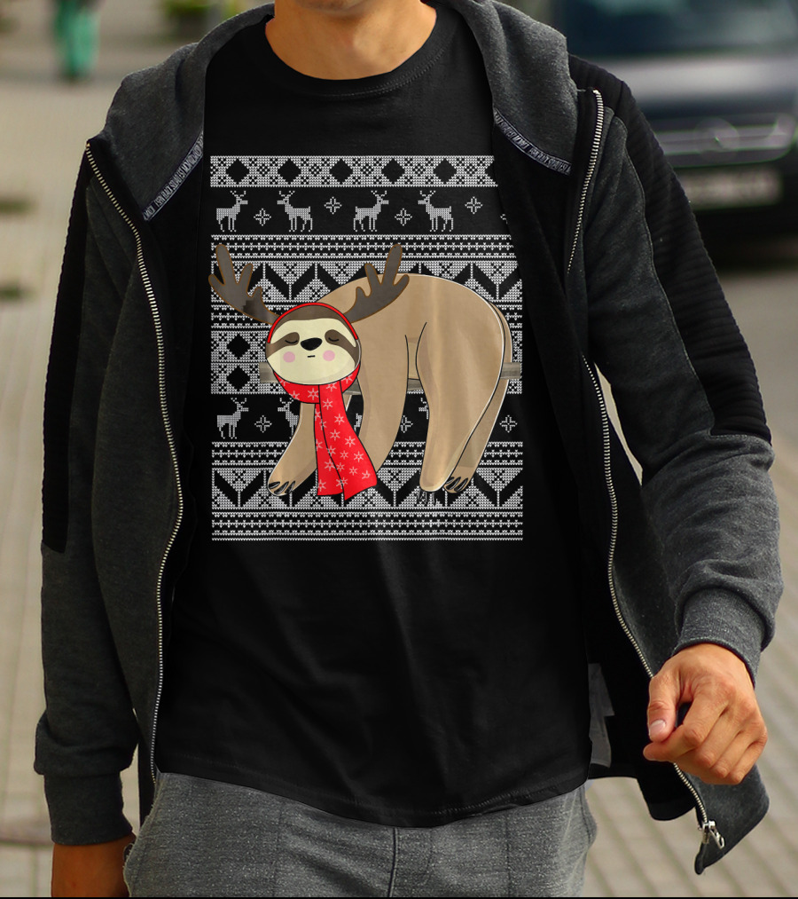 Ugly Christmas Sloth Reindeer Red Scarf Chris T-Shirt
