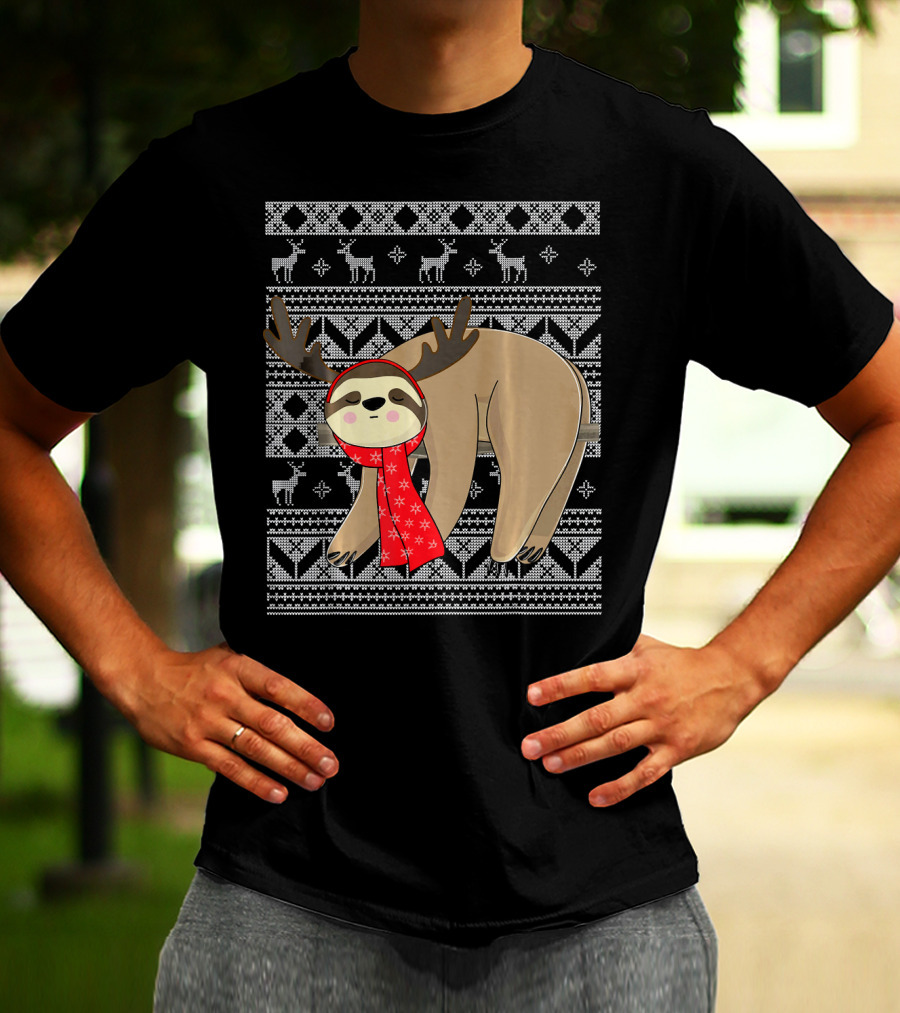 Ugly Christmas Sloth Reindeer Red Scarf Chris T-Shirt