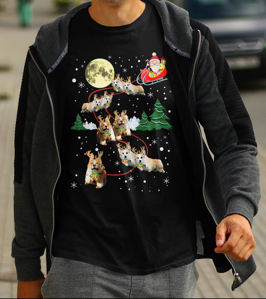 Reindeer Corgi Christmas Santa Sleigh Moon Trees Snowflakes T-Shirt