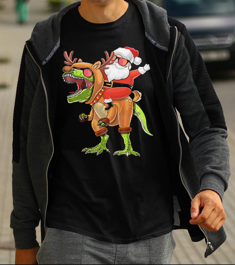 Santa Riding Reindeer Rex Dinosaur With Holiday Cheer T-Shirt