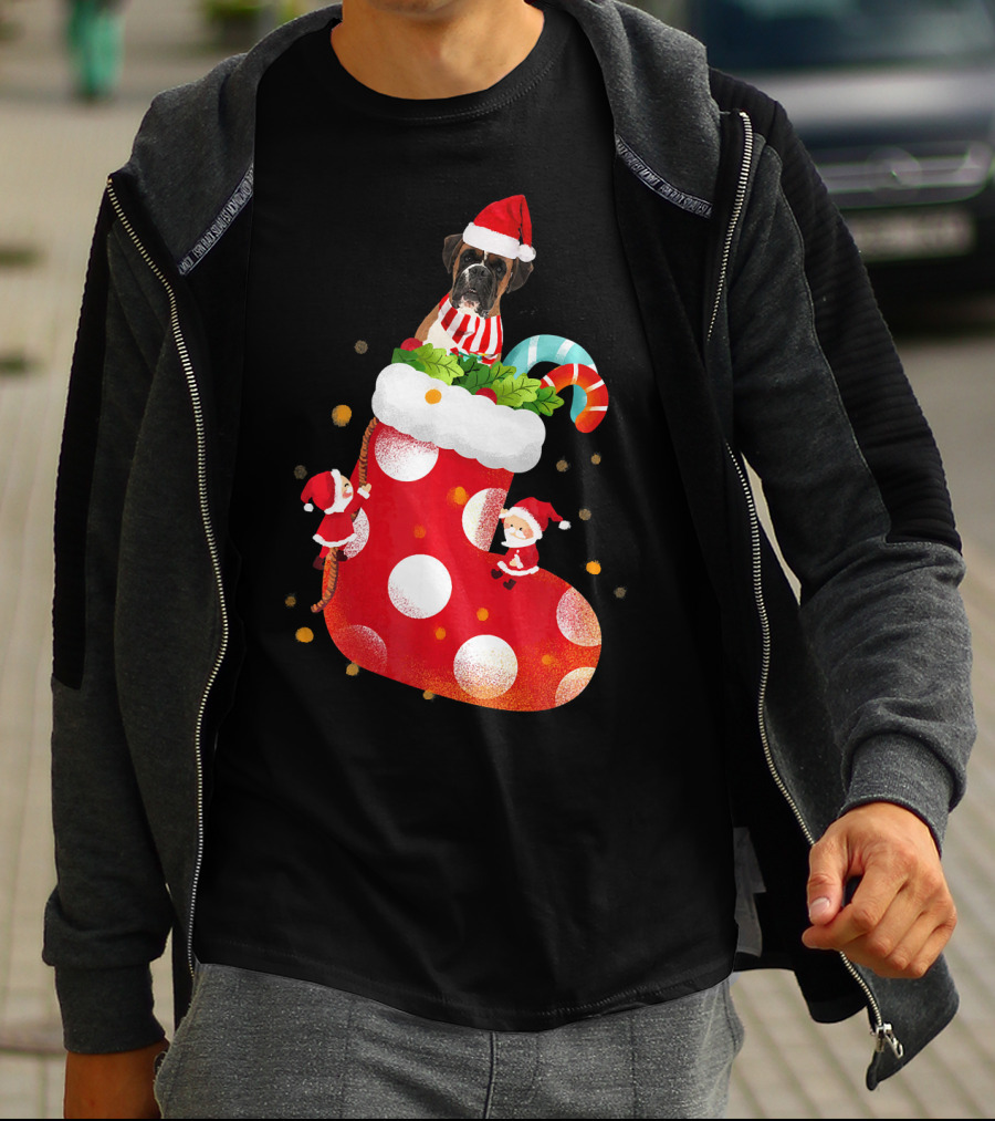 Christmas Boxer Dog Inside Santa Hat Sock With Candy Cane T-Shirt