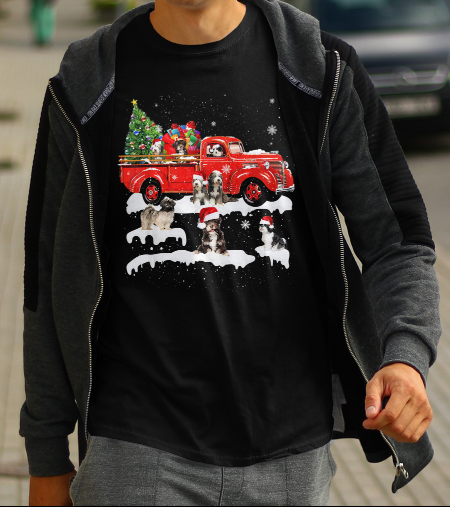 Tibetan Terrier Santa Hats Riding Red Truck With Christmas Tree And Gifts Snowflakes T-Shirt