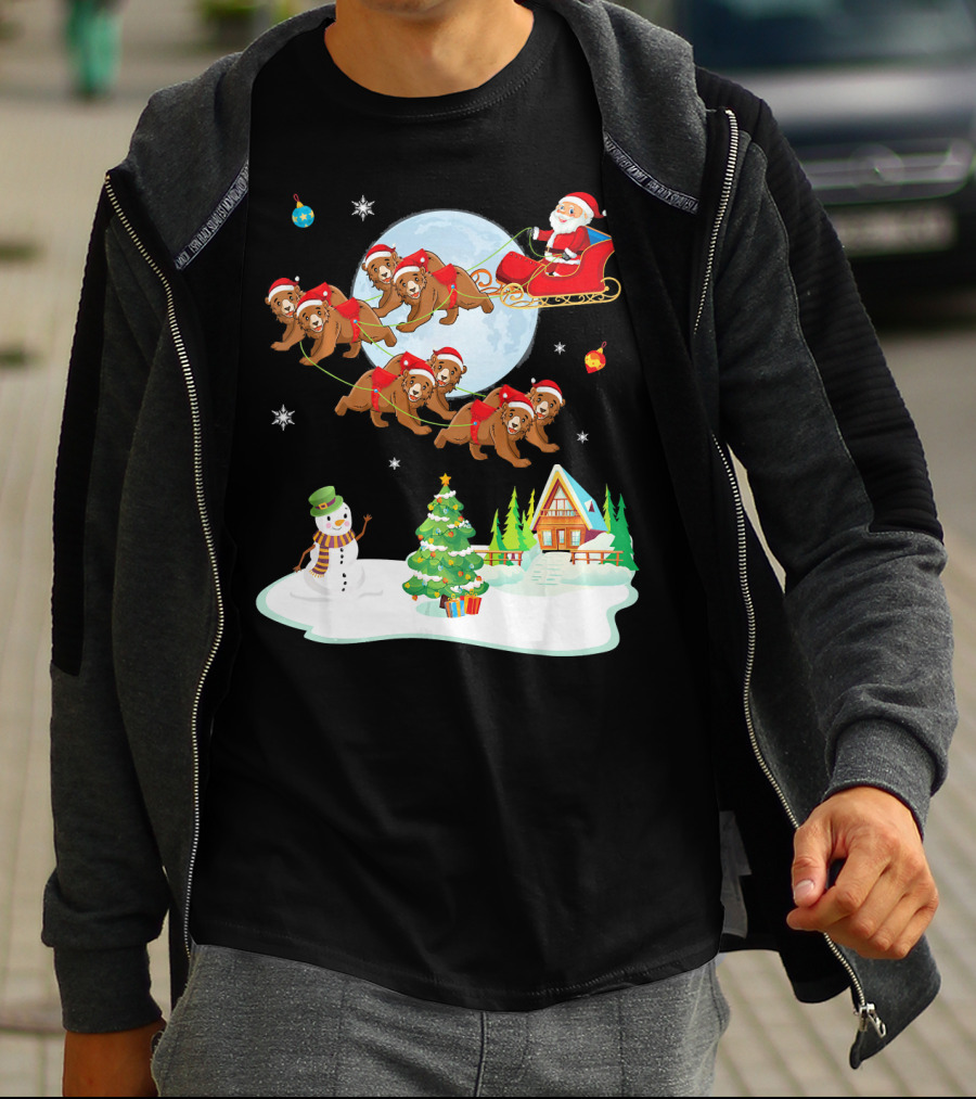 Santa Claus Sleigh With Bears And Snowman By Moonlit Cabin Noel T-Shirt