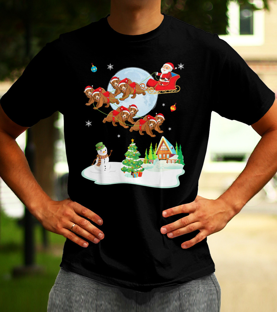 Santa Claus Sleigh With Bears And Snowman By Moonlit Cabin Noel T-Shirt