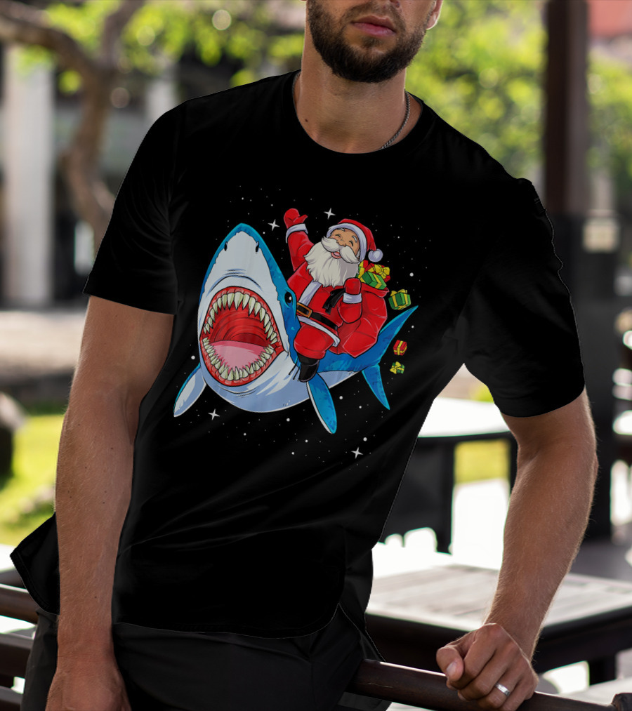Christmas Kids Santa Riding Shark With Gifts T-Shirt